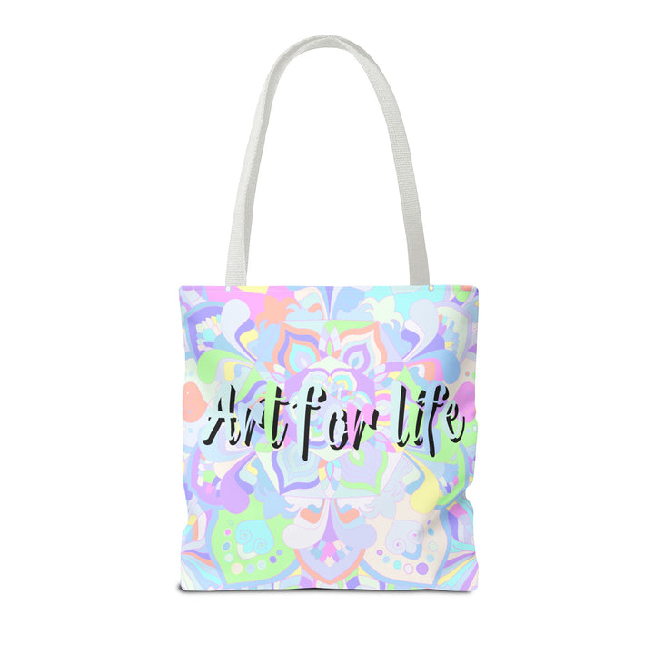 Colorful mandala tote bag with vibrant 'Art for Life' quote, perfect for carrying your essentials in style and spreading positivity wherever you go