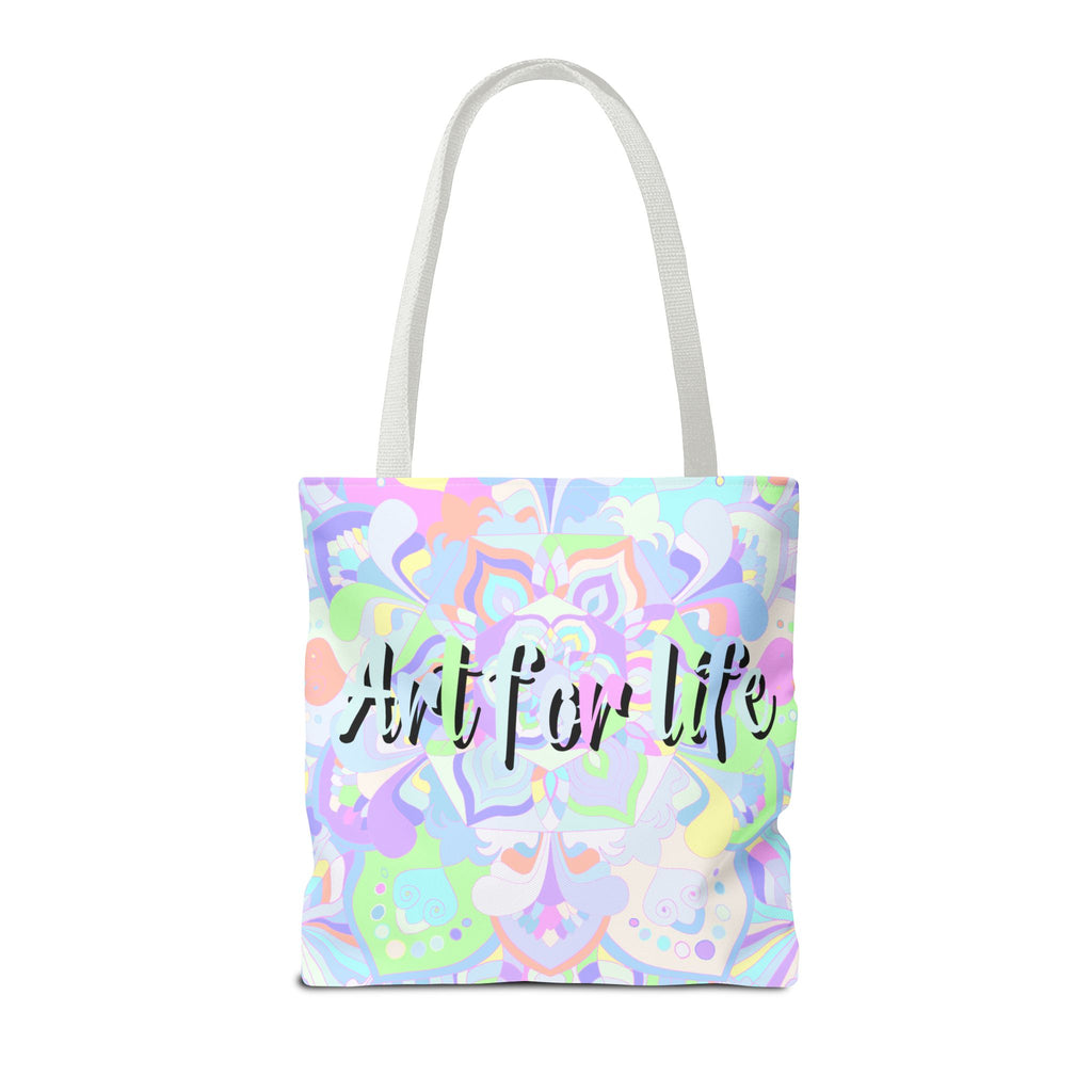 Colorful mandala tote bag with vibrant 'Art for Life' quote, perfect for carrying your essentials in style and spreading positivity wherever you go