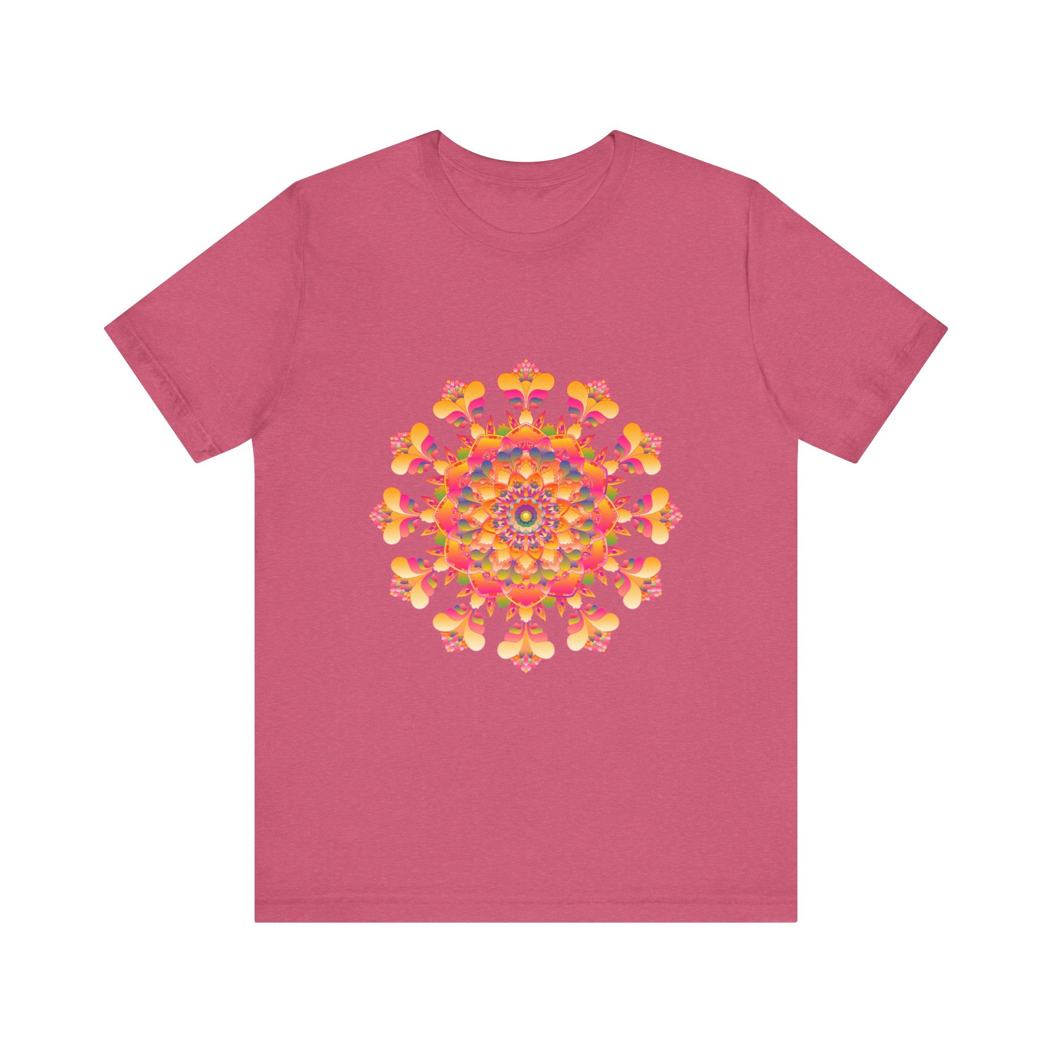 Vibrant mandala tee in shades of pink, yellow, orange, and green with intricate design