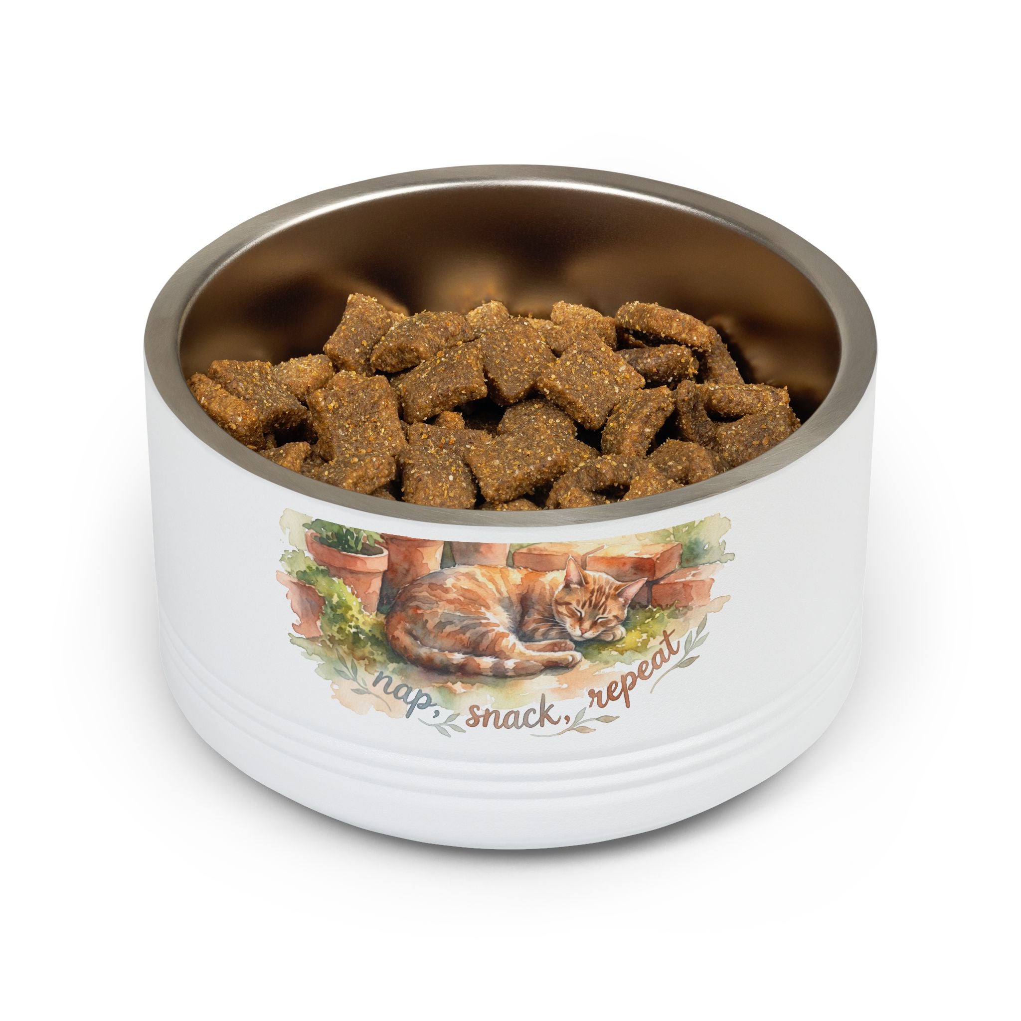 18oz Ceramic Pet Bowl — Watercolor Ginger Cat "Nap. Snack. Repeat."