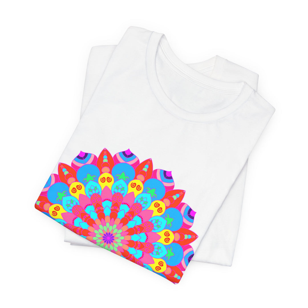 Vibrant and intricate mandala design on a t-shirt, featuring a mesmerizing psychedelic art in various colors