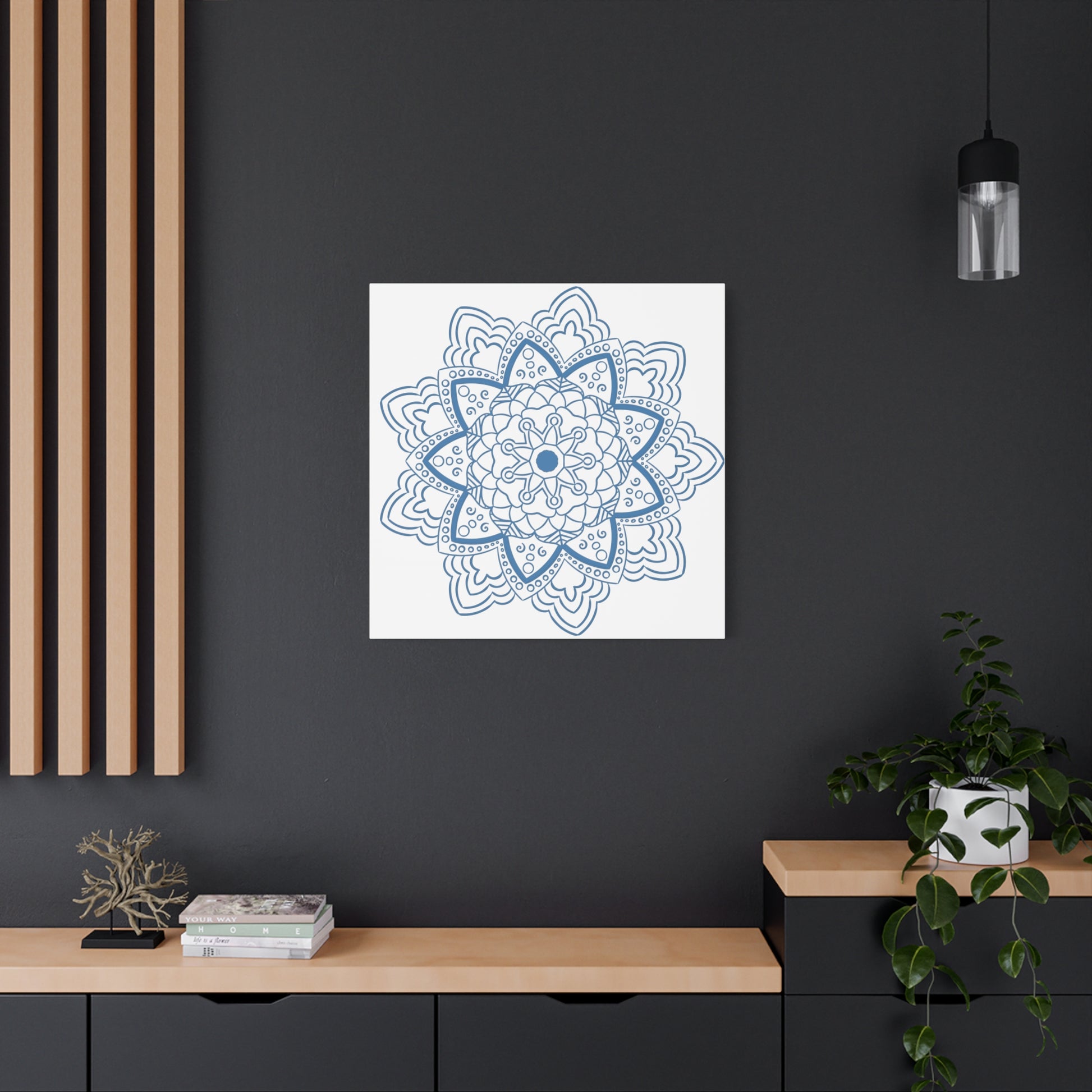 Handmade mandala design wall art in steel blue, featuring intricate mandala art on stretched matte canvas