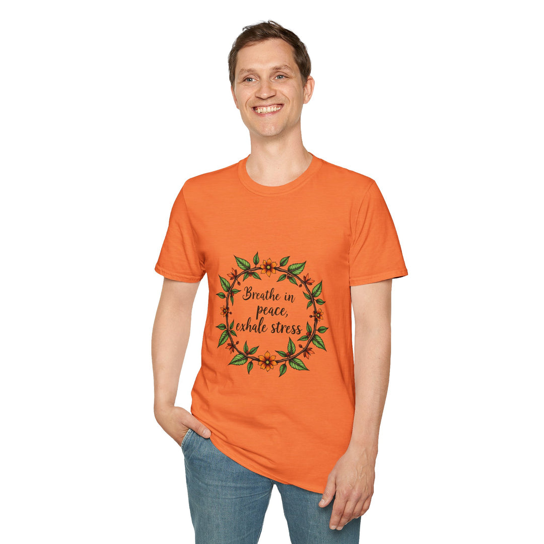 Colorful floral garland T-shirt with the uplifting message 'Breathe in Peace Exhale Stress', perfect for bringing positivity to your wardrobe