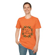 Colorful floral garland T-shirt with the uplifting message 'Breathe in Peace Exhale Stress', perfect for bringing positivity to your wardrobe