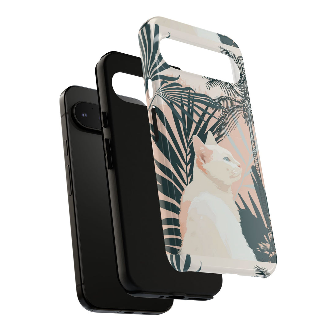 Tropische Katzen-Telefonhülle mit üppigen Palmenmotiven und sanften Pastelltönen