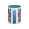 Beautifully handcrafted purple and yellow mandala art mug, perfect for sipping favorite beverages in style and adding a pop of color to your kitchen decor