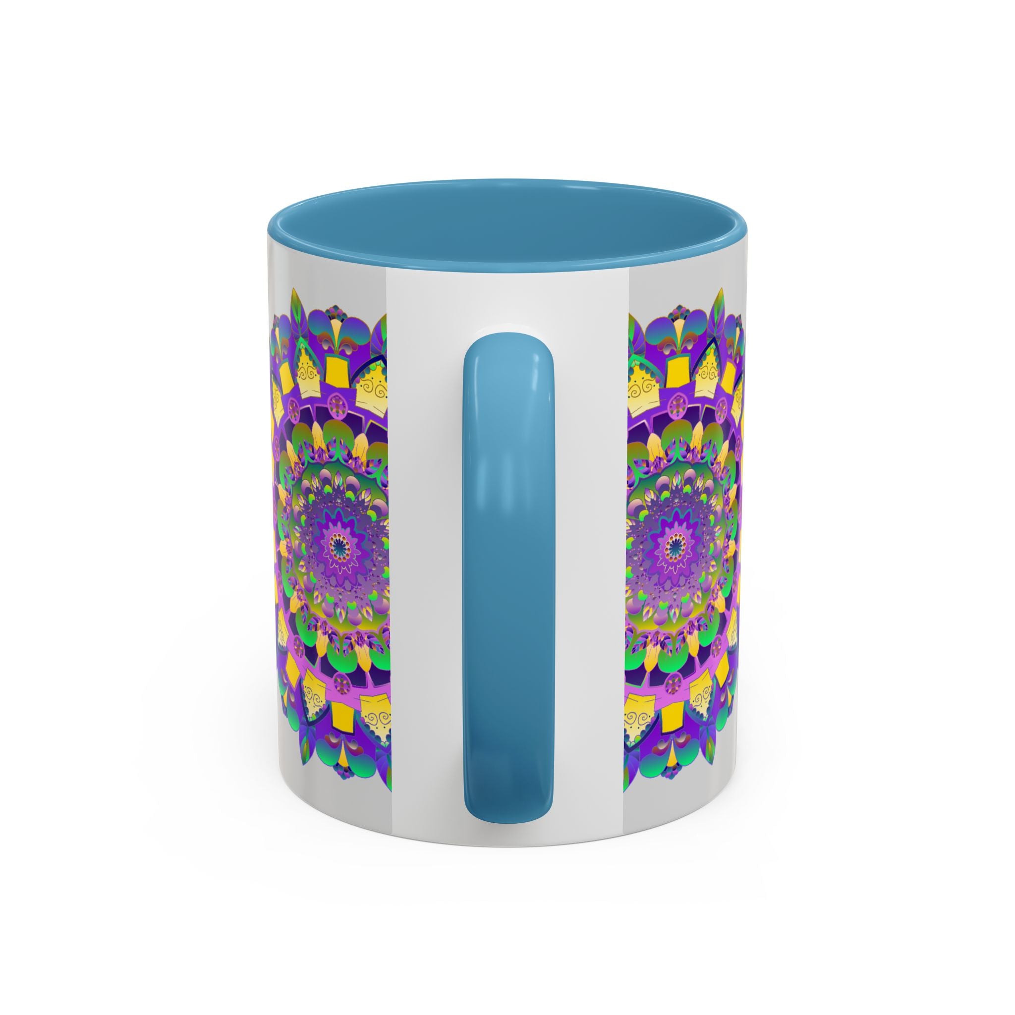 Beautifully handcrafted purple and yellow mandala art mug, perfect for sipping favorite beverages in style and adding a pop of color to your kitchen decor