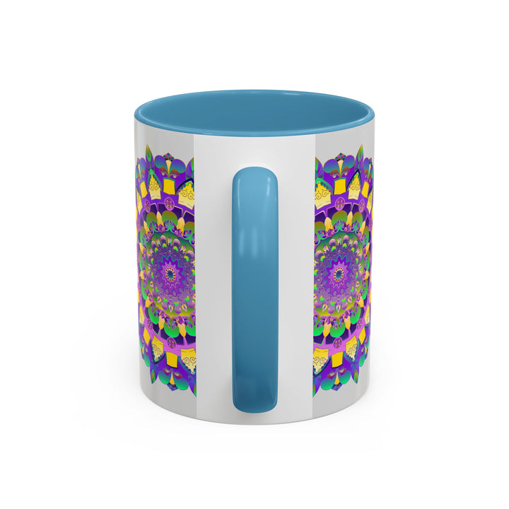 Beautifully handcrafted purple and yellow mandala art mug, perfect for sipping favorite beverages in style and adding a pop of color to your kitchen decor