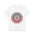 Colorful mandala flower T-shirt featuring intricate psychedelic art design for a vibrant and unique fashion statement