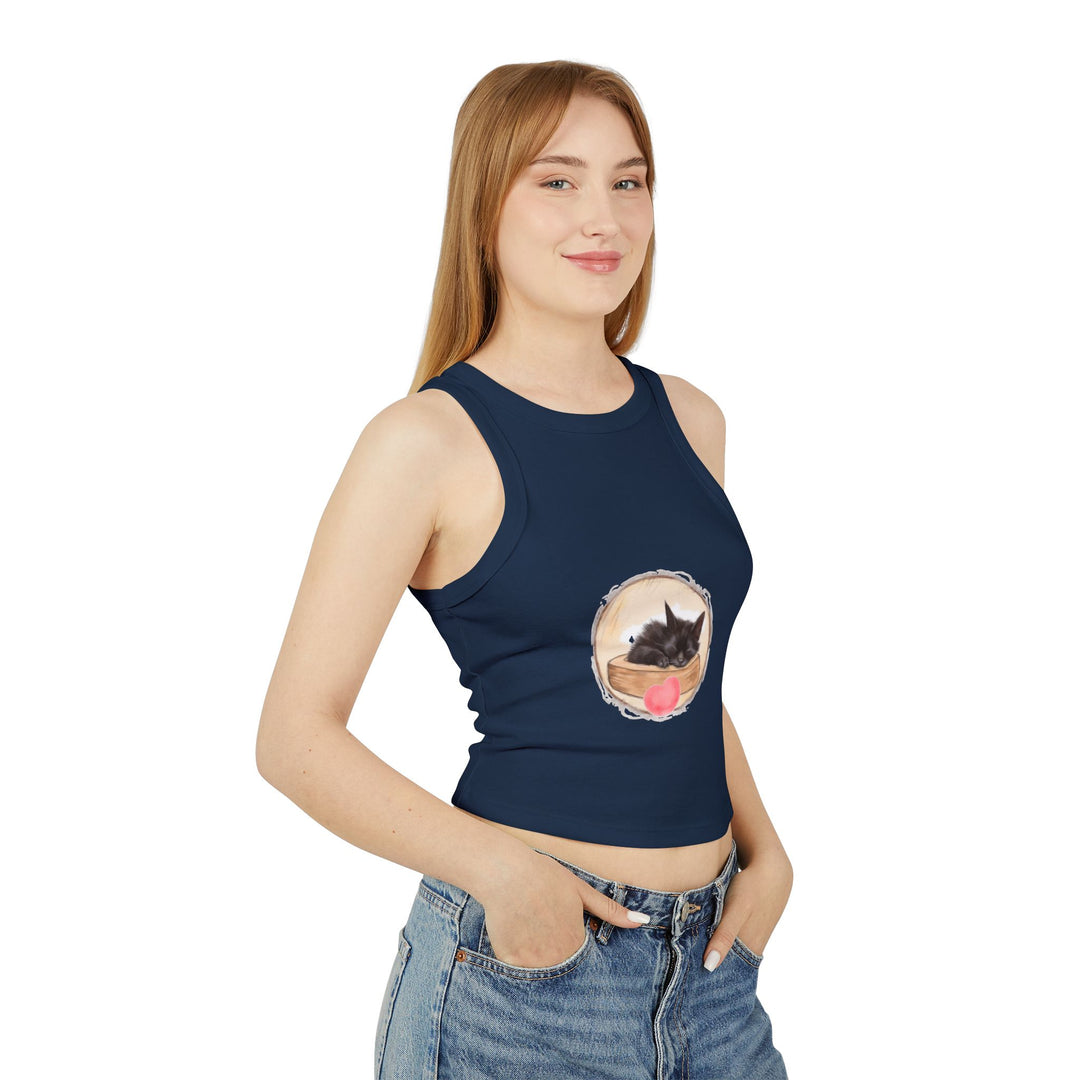 Feline-inspired tank top with an endearing sleeping cat design