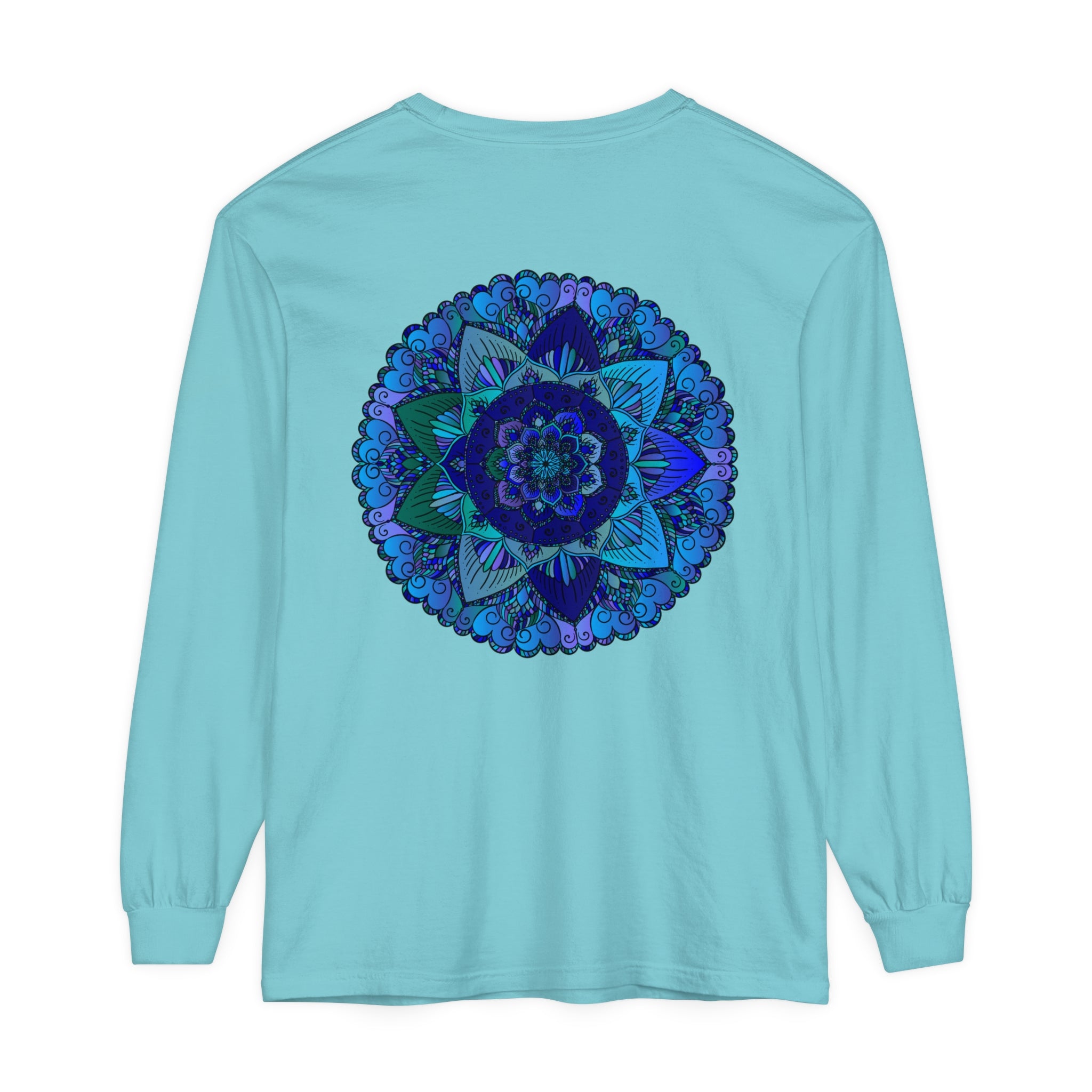 Dark blue and green mandala long sleeve t-shirt with intricate design