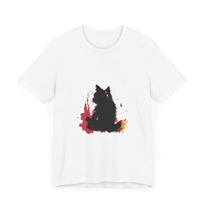 A black cat mystery t-shirt featuring colorful splatter art design