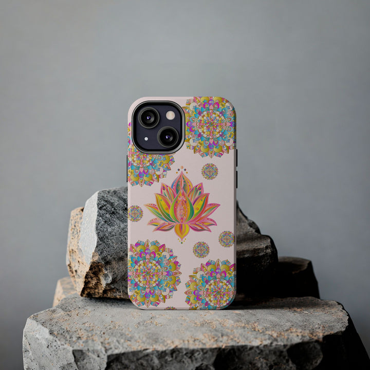 Beautiful light pink phone case featuring intricate lotus flower mandala design