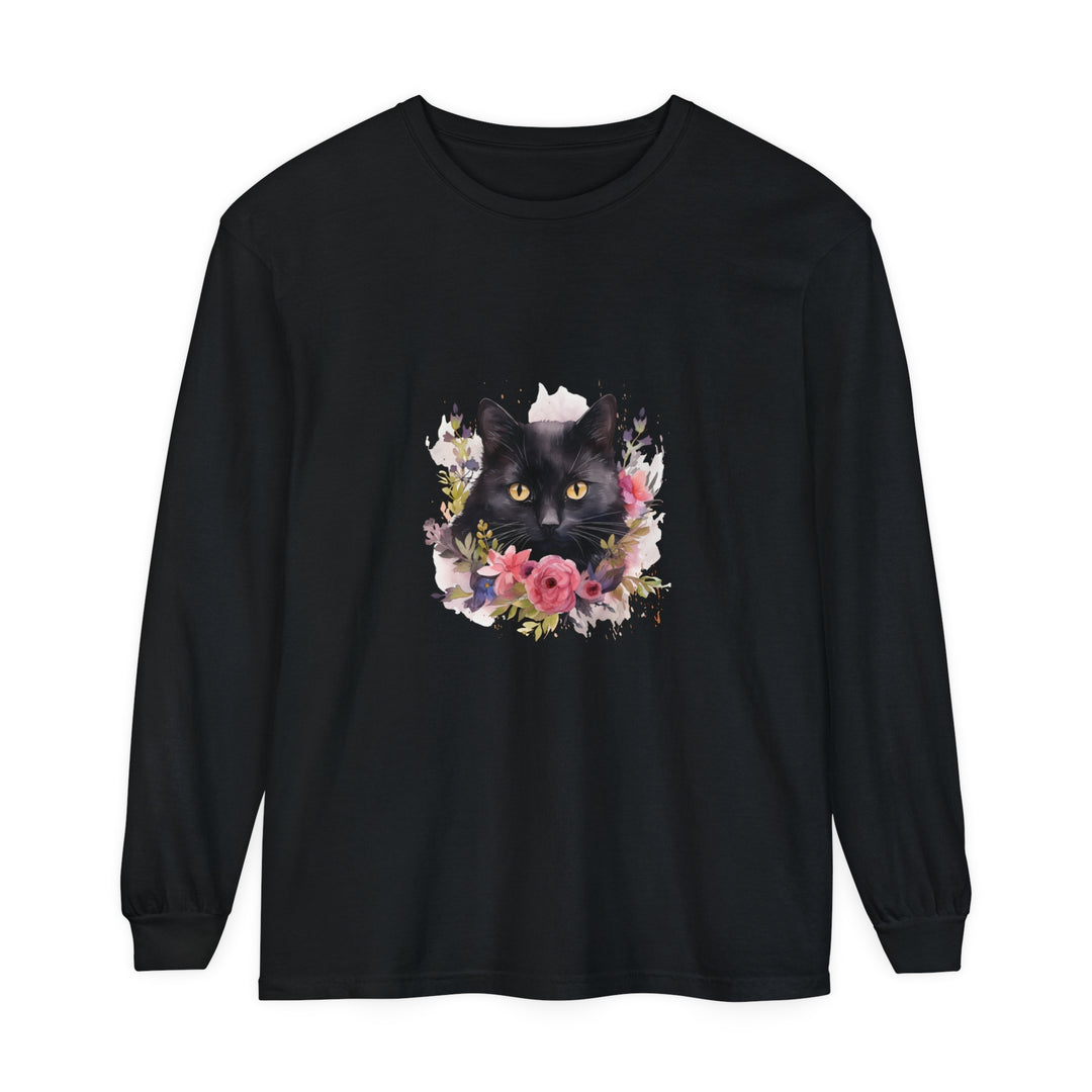 Black Cat Floral Watercolor Long Sleeve T-Shirt featuring a beautiful watercolor floral design and a cute black cat