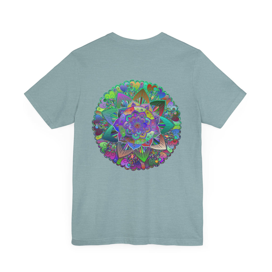 Colorful and intricate mandala design on a t-shirt promoting spiritual peace and harmony