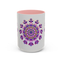 A beautiful mandala mug featuring a vibrant purple and pink floral design
