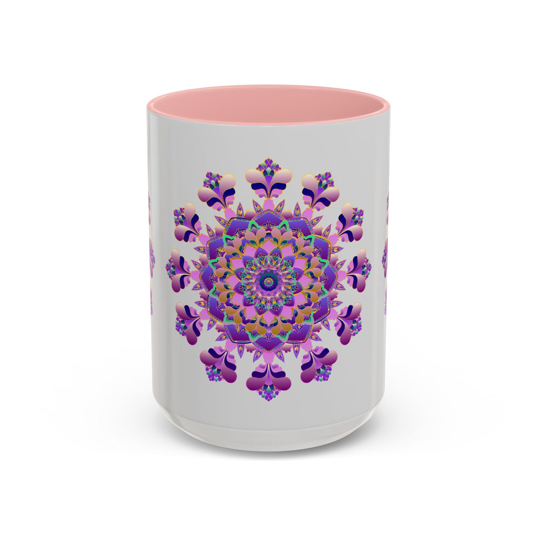 A beautiful mandala mug featuring a vibrant purple and pink floral design