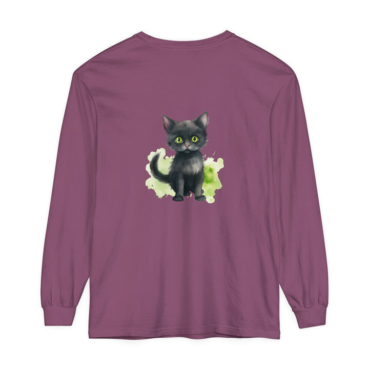 Black Cat Watercolor Long Sleeve T-Shirt featuring a beautiful watercolor-style black cat design