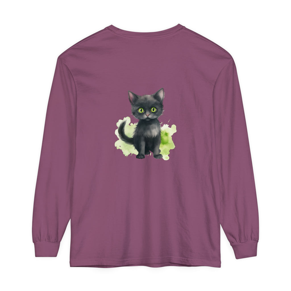 Black Cat Watercolor Long Sleeve T-Shirt featuring a beautiful watercolor-style black cat design