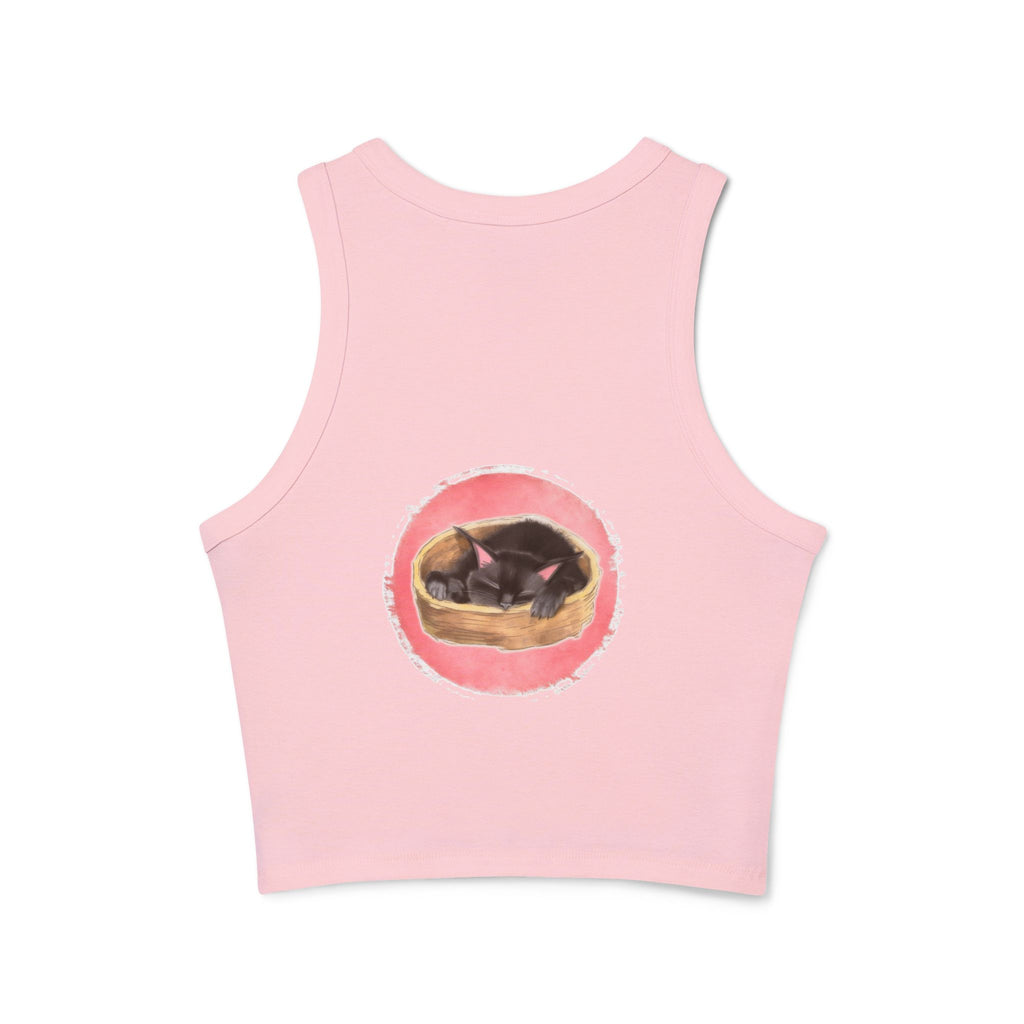 A close-up image of a black racerback tank top featuring a sleeping cat design