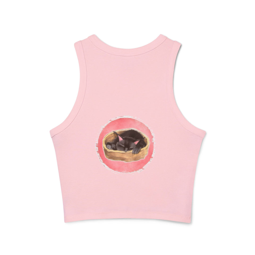 A close-up image of a black racerback tank top featuring a sleeping cat design