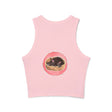 A close-up image of a black racerback tank top featuring a sleeping cat design