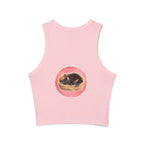 A close-up image of a black racerback tank top featuring a sleeping cat design