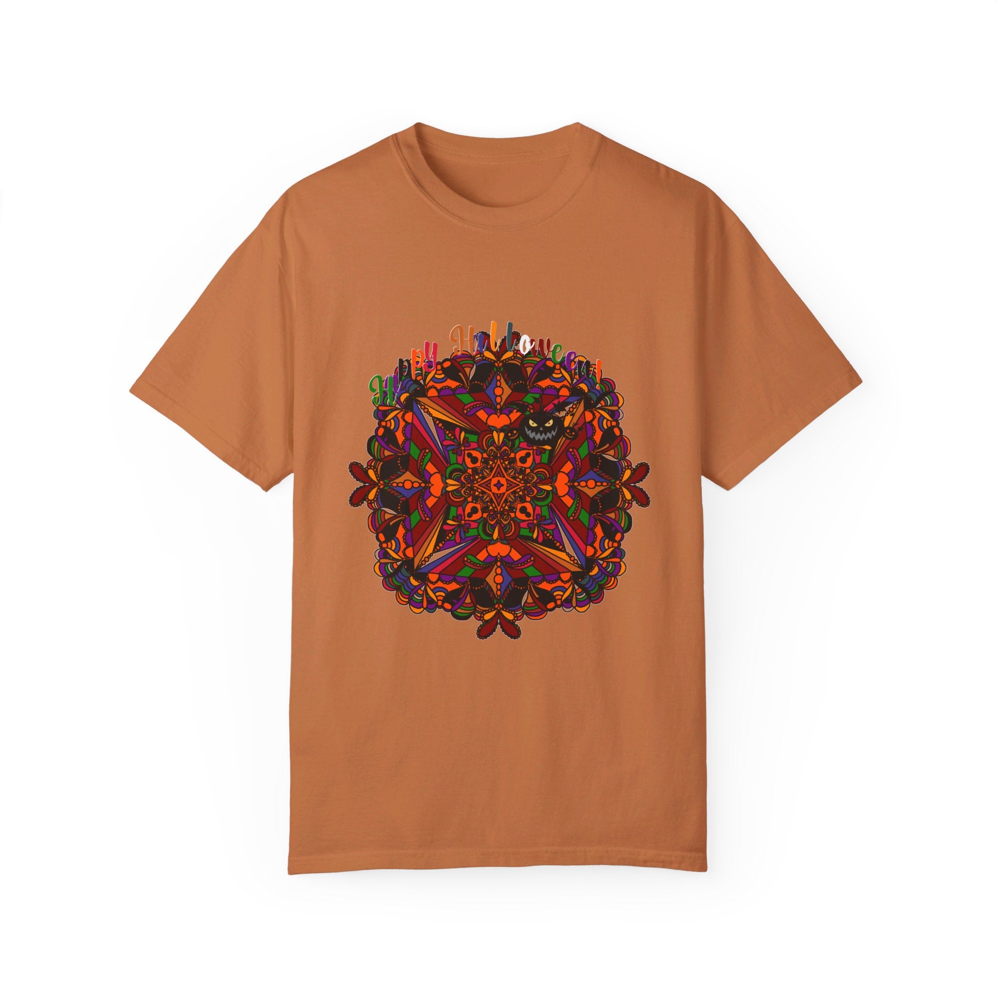 Unisex Halloween Mandala T-shirt featuring a Handmade Pumpkin Mandala Art design on a Garment-Dyed Tee