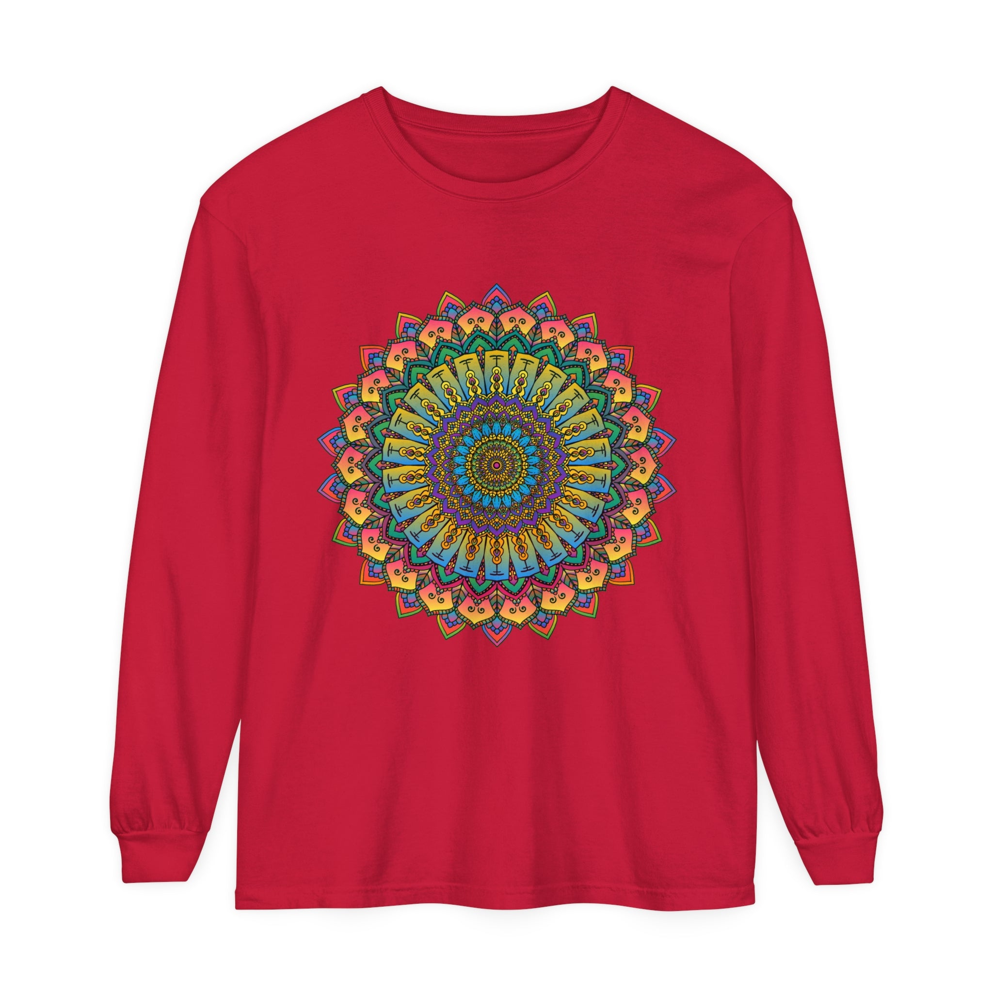 Intricate mandala design long sleeve unisex t-shirt in vibrant colors