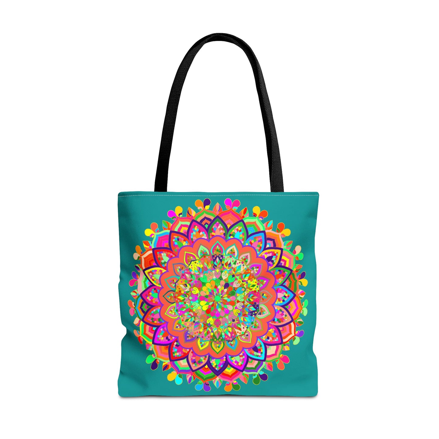 Vibrant aquamarine tote bag featuring intricate mandala art design in various colors