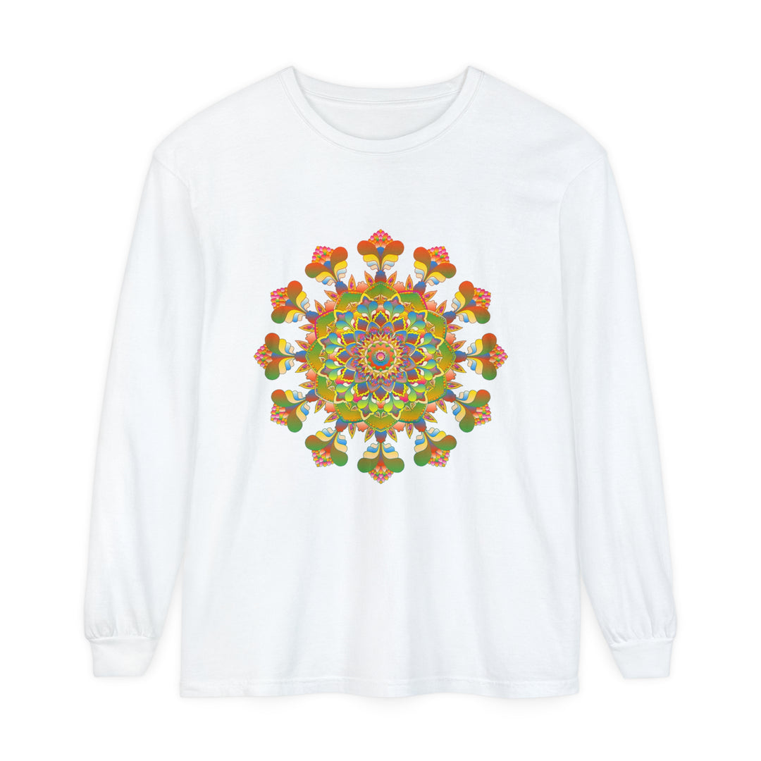 A close-up, vibrant, and colorful mandala long sleeve t-shirt for women