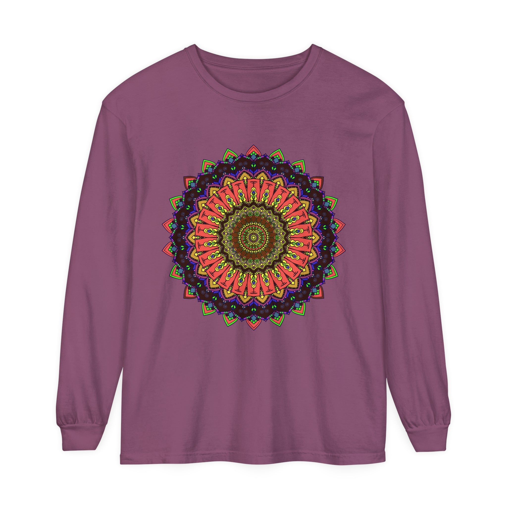 Colorful long sleeve t-shirt with intricate mandala design in vibrant hues