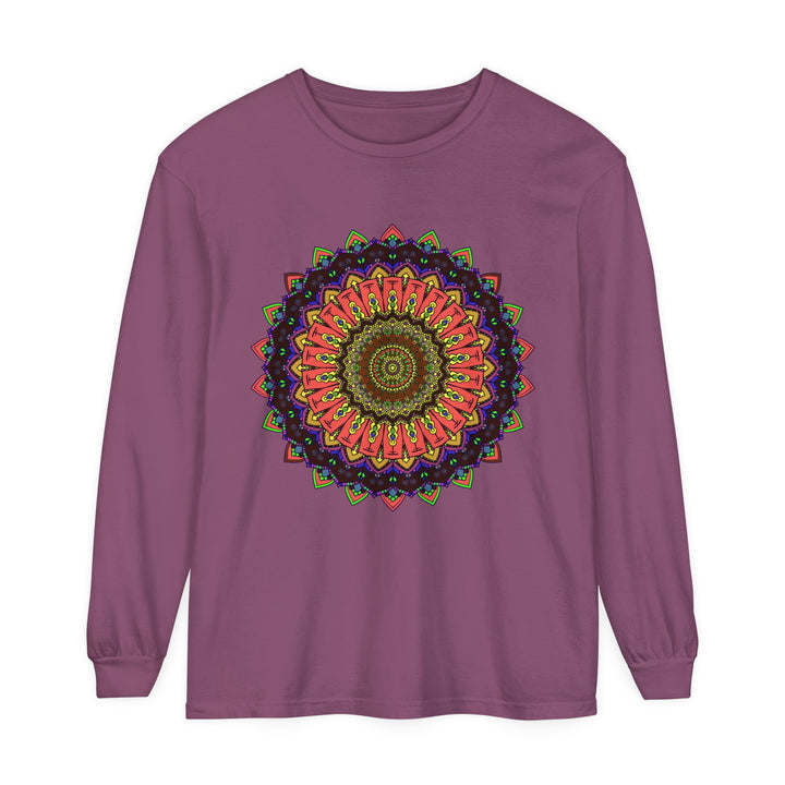 Colorful long sleeve t-shirt with intricate mandala design in vibrant hues