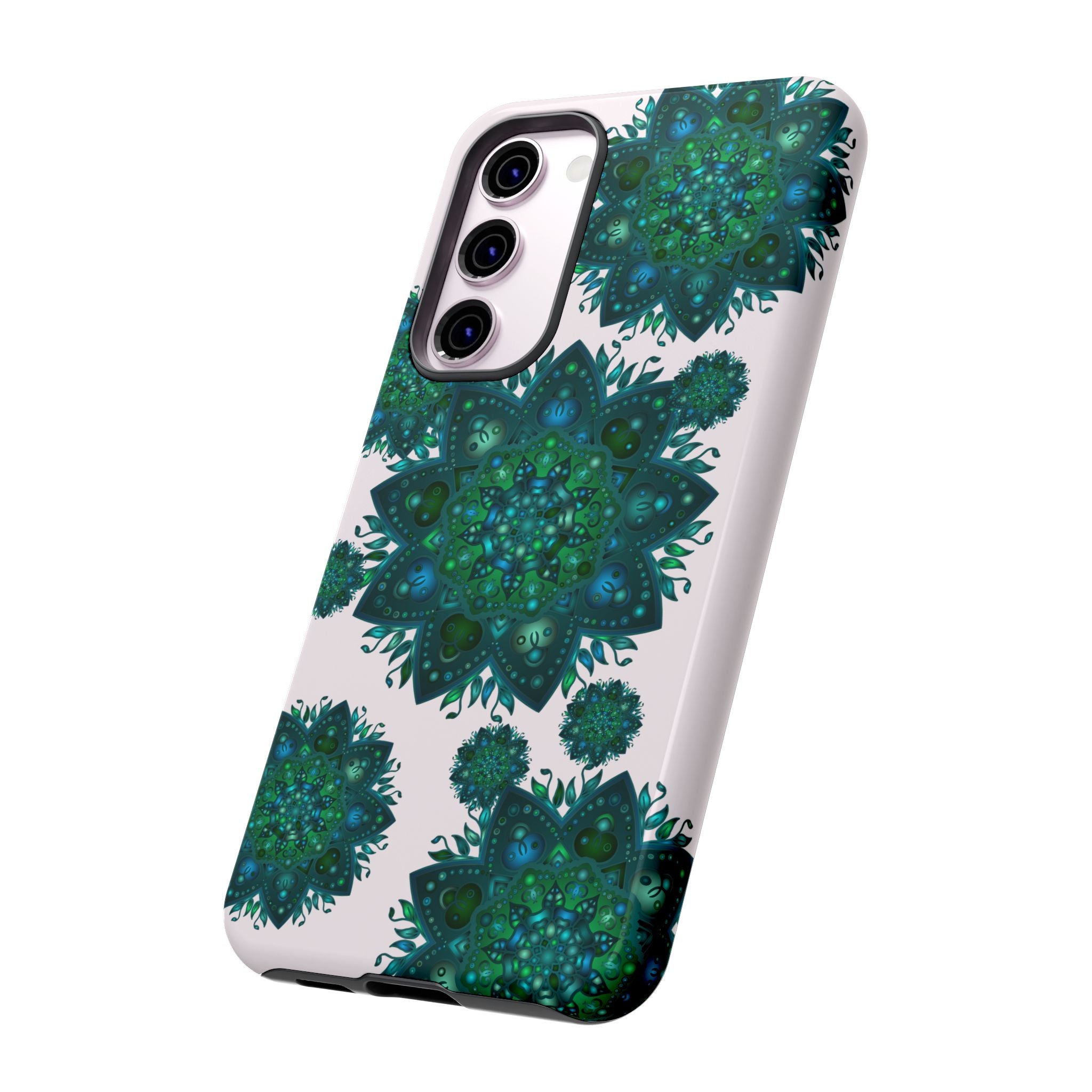 Light pink and green mandala phone case featuring a peaceful and intricate design