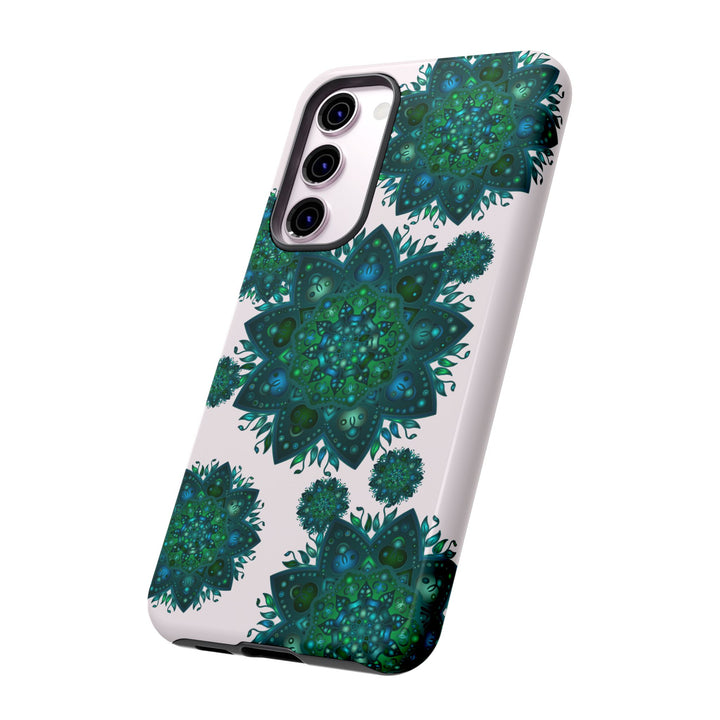 Light pink and green mandala phone case featuring a peaceful and intricate design