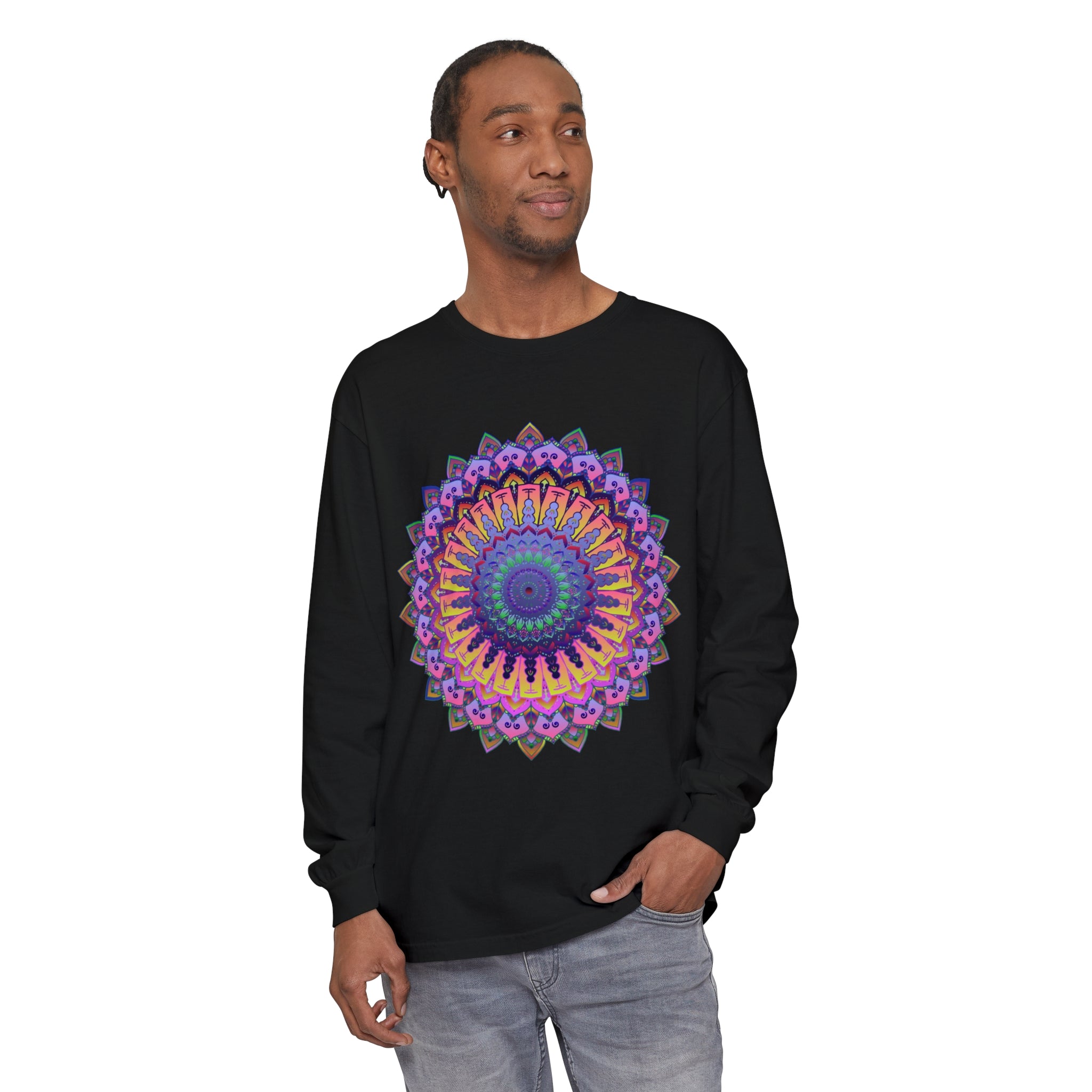 Intricate Mandala Unisex Long Sleeve T-Shirt showcasing vibrant, detailed design