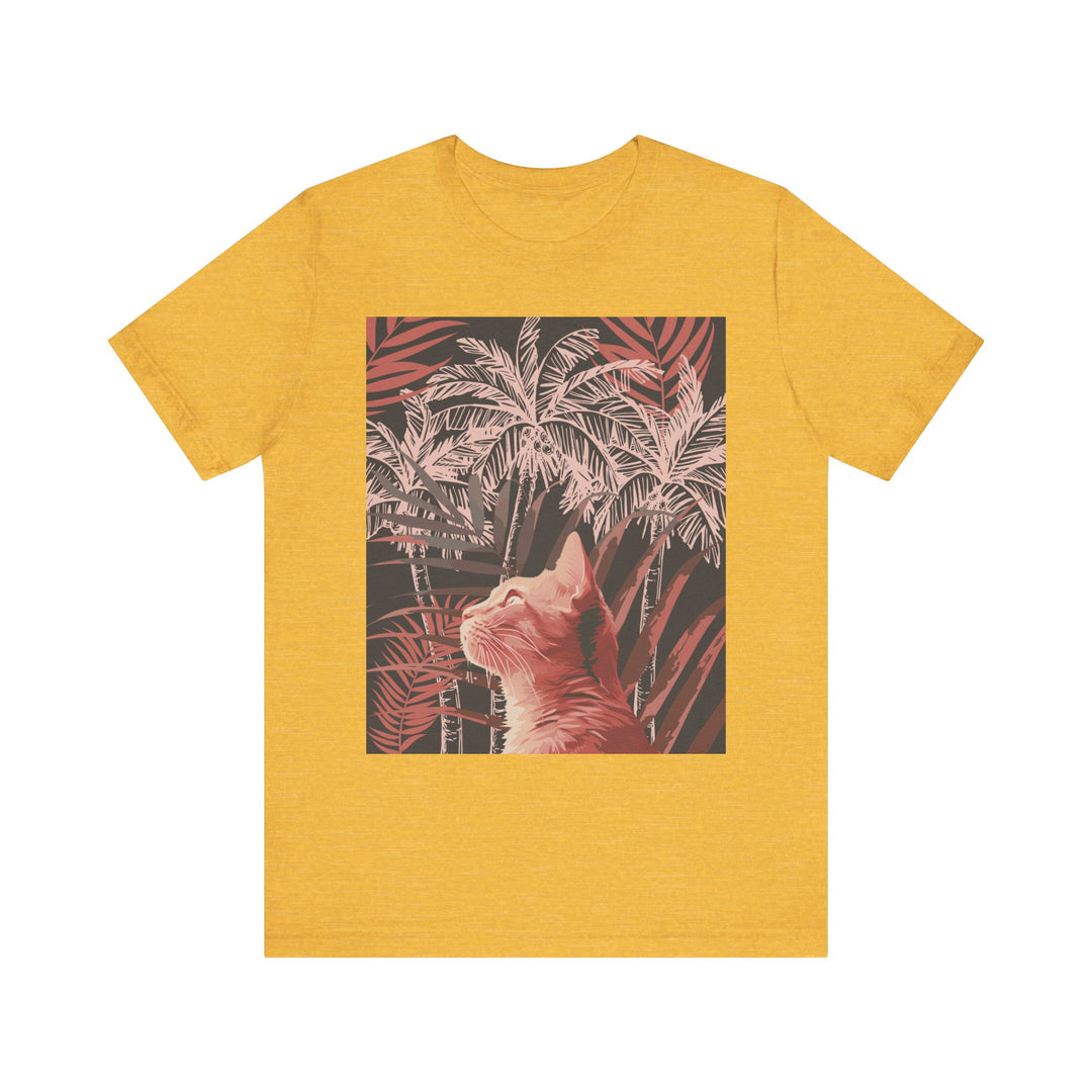 Adorable ginger cat lounging under a palm tree on a comfortable t-shirt