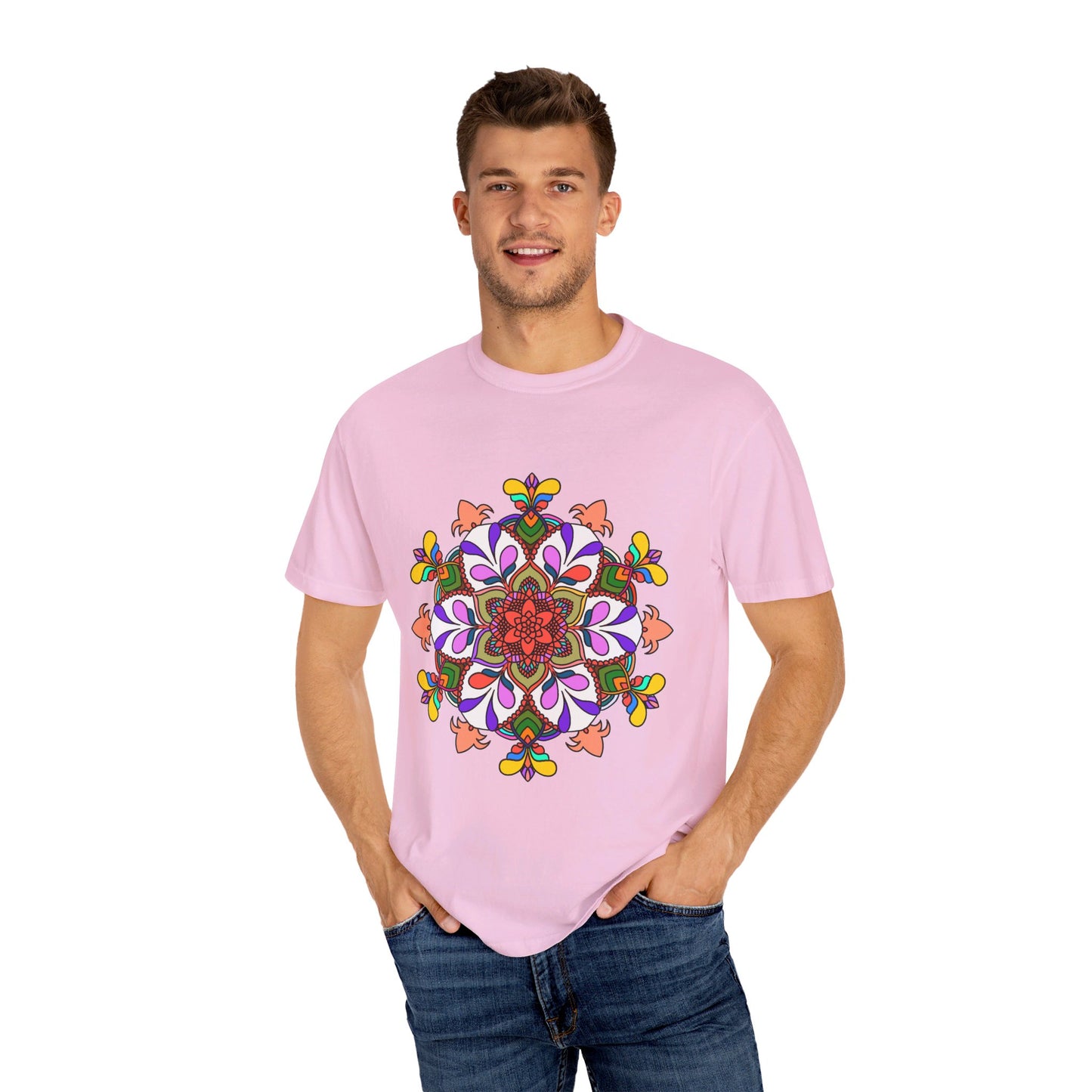 Unisex mandala t-shirt made from 100% ring-spun cotton, hand-drawn mandala art, and garment-dyed for extra comfort