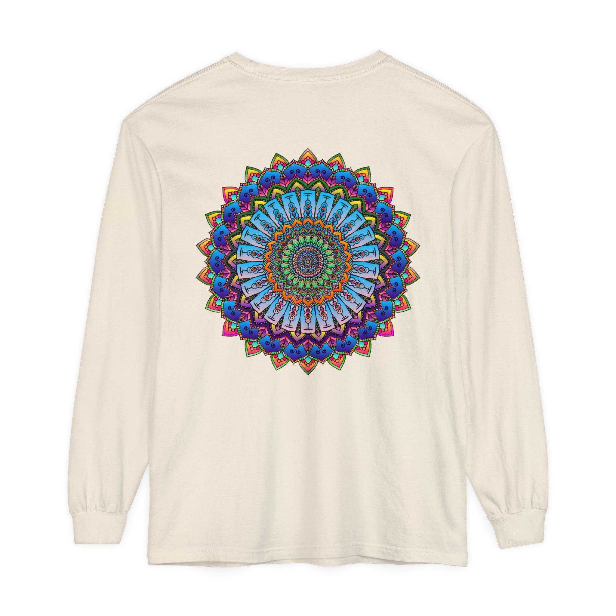 Vibrant Mandala Long Sleeve T-Shirt - Unisex, featuring a colorful and intricate mandala design on the front, perfect for adding a pop of boho style to your wardrobe