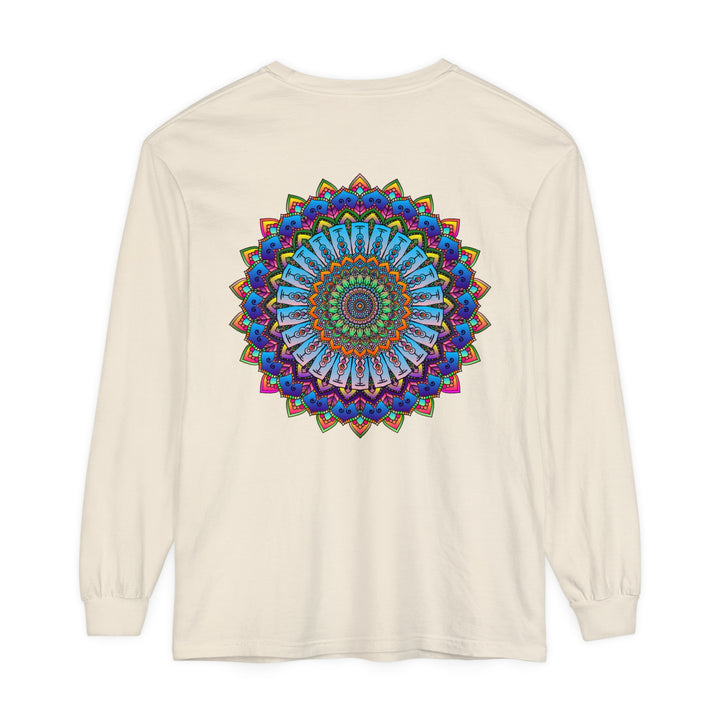 Vibrant Mandala Long Sleeve T-Shirt - Unisex, featuring a colorful and intricate mandala design on the front, perfect for adding a pop of boho style to your wardrobe