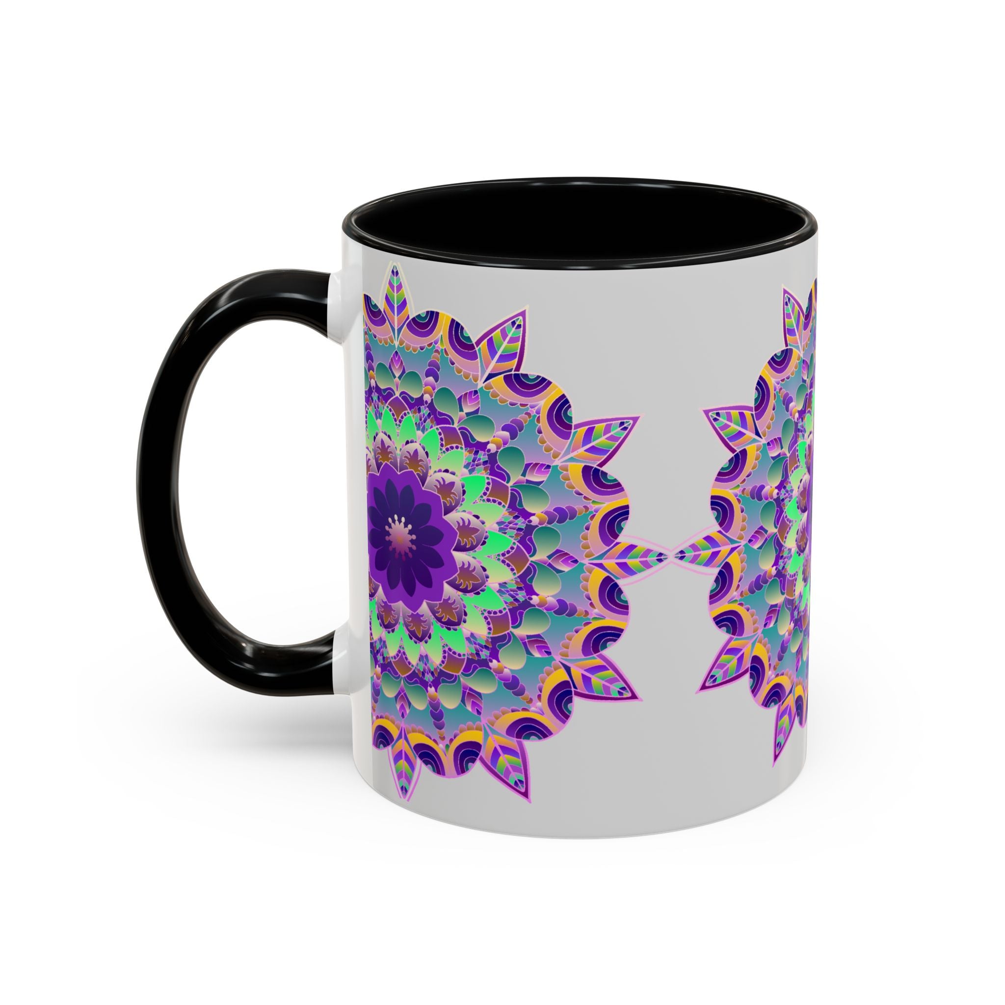 Vibrant mandala art mug in light grey with intricate, colorful design