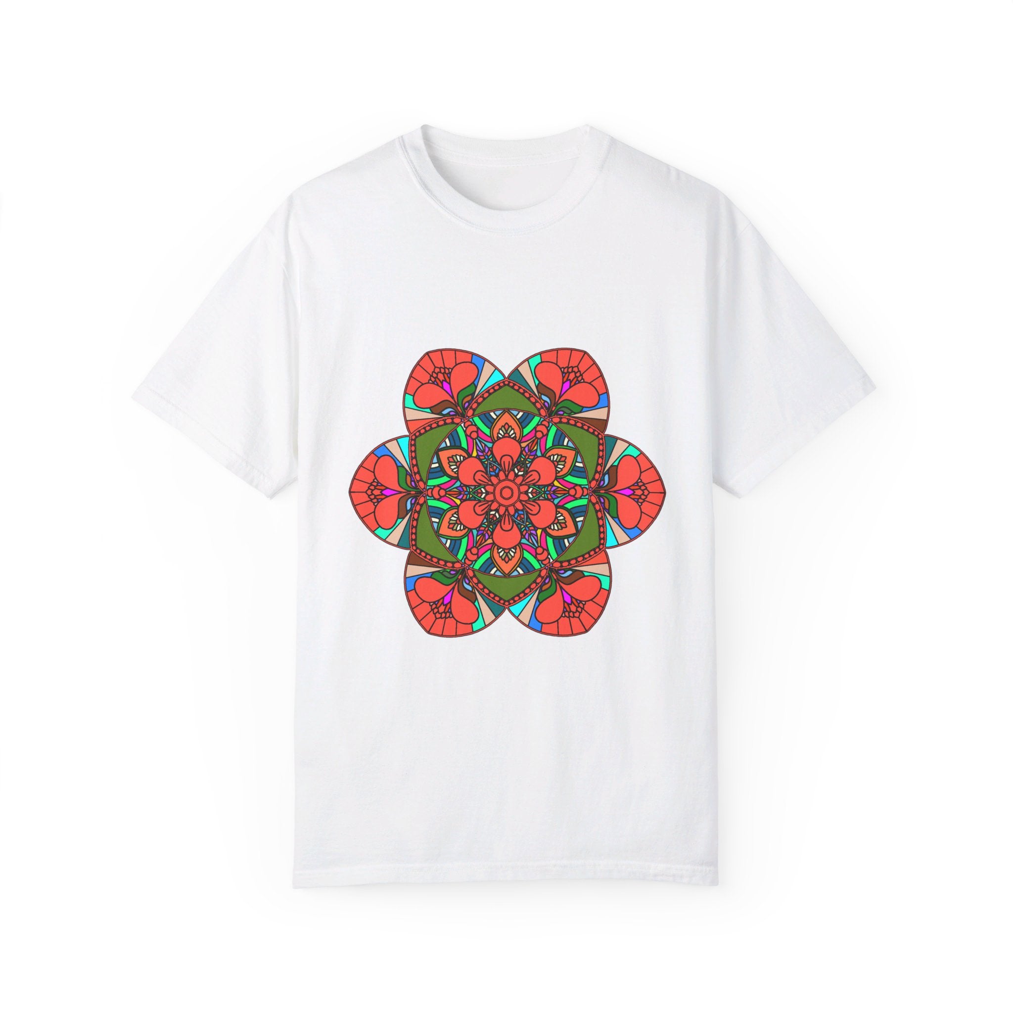 Unisex Mandala T-Shirt featuring Hand-Drawn Mandala Art, made of 100% Ring-Spun Cotton and Garment-Dyed for Extra Comfort