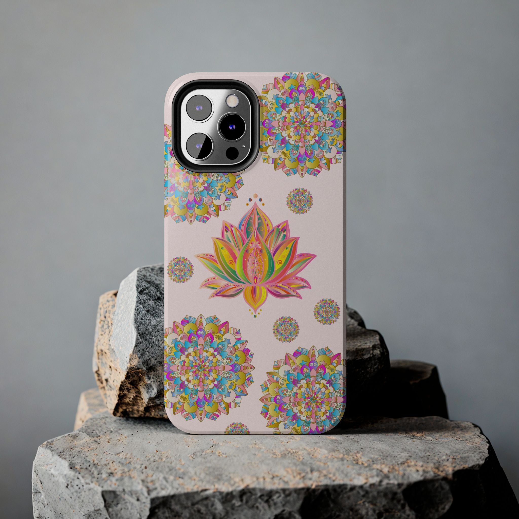 Beautiful light pink phone case with intricate lotus flower mandala design