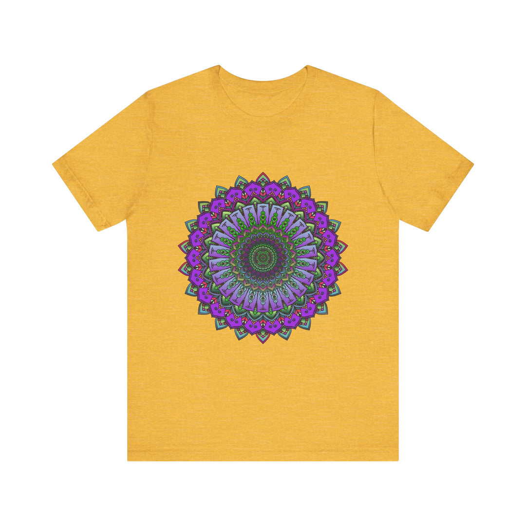 Close-up of a purple and green mandala tee with an intricate and detailed design, perfect for adding a pop of color to any outfit