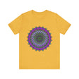 Close-up of a purple and green mandala tee with an intricate and detailed design, perfect for adding a pop of color to any outfit