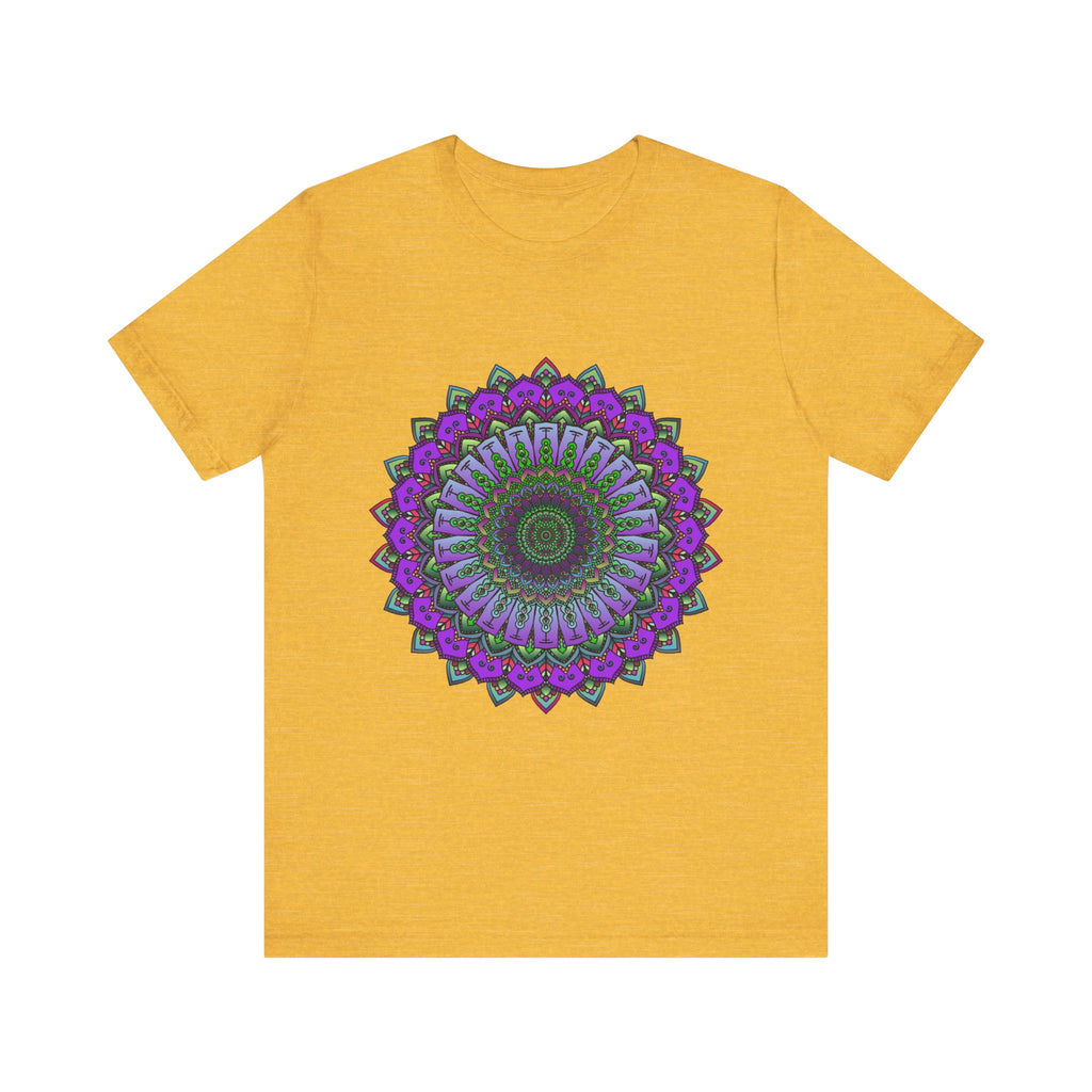 Close-up of a purple and green mandala tee with an intricate and detailed design, perfect for adding a pop of color to any outfit