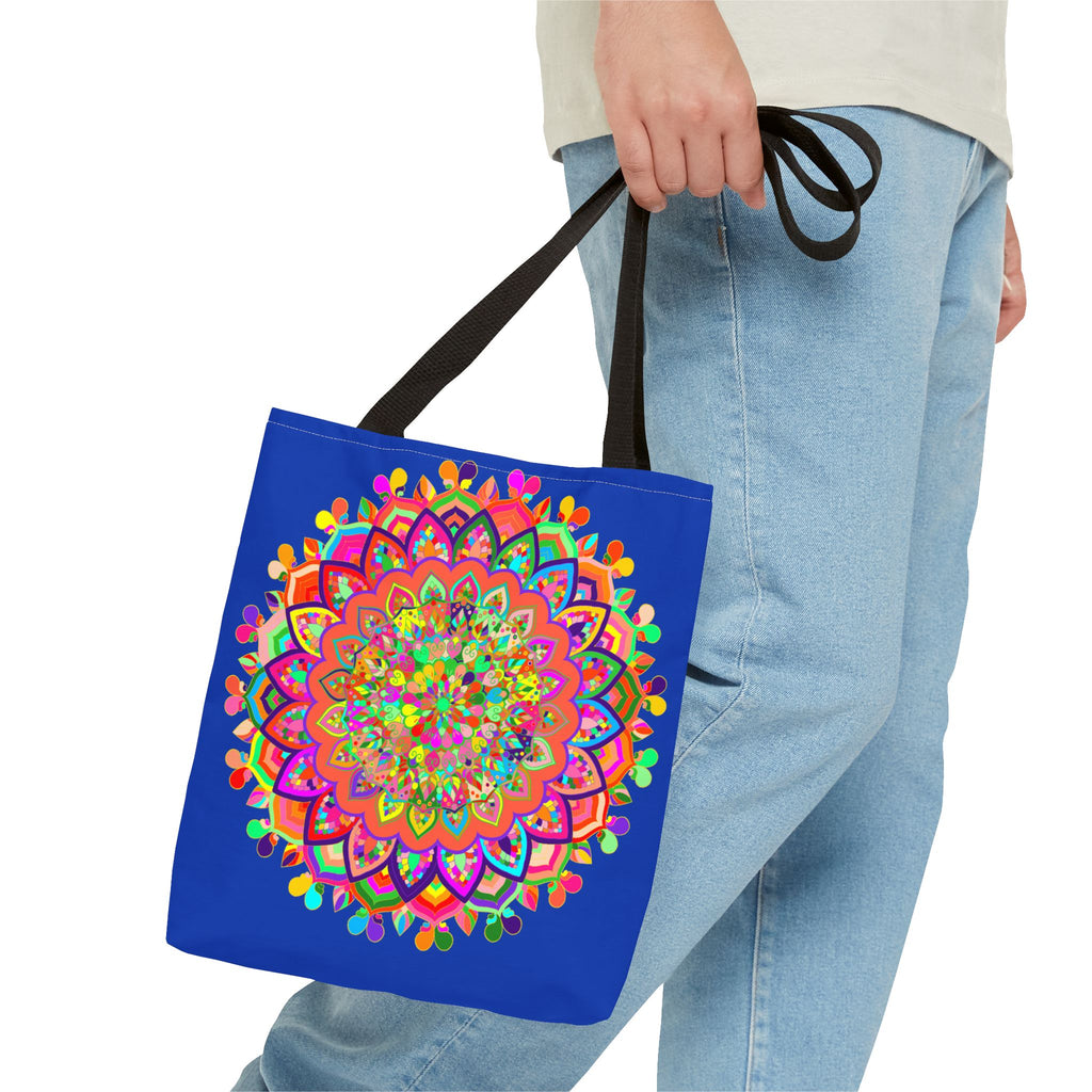 Dark blue tote featuring a vibrant and intricate mandala design