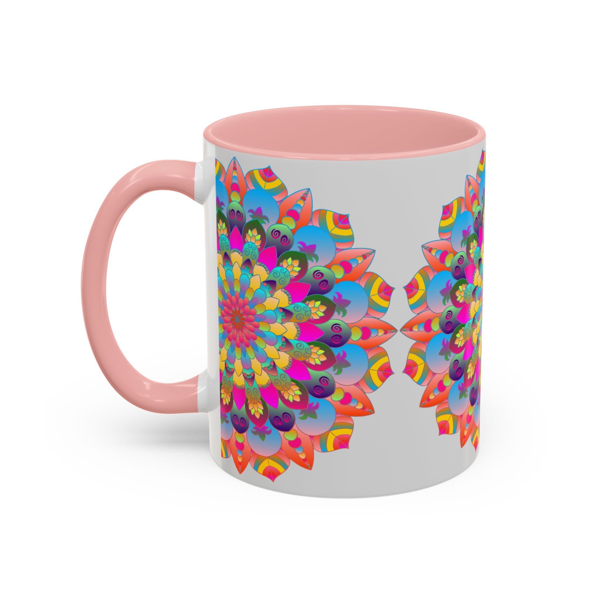 A vibrant and eye-catching mandala art mug featuring a colorful circular design