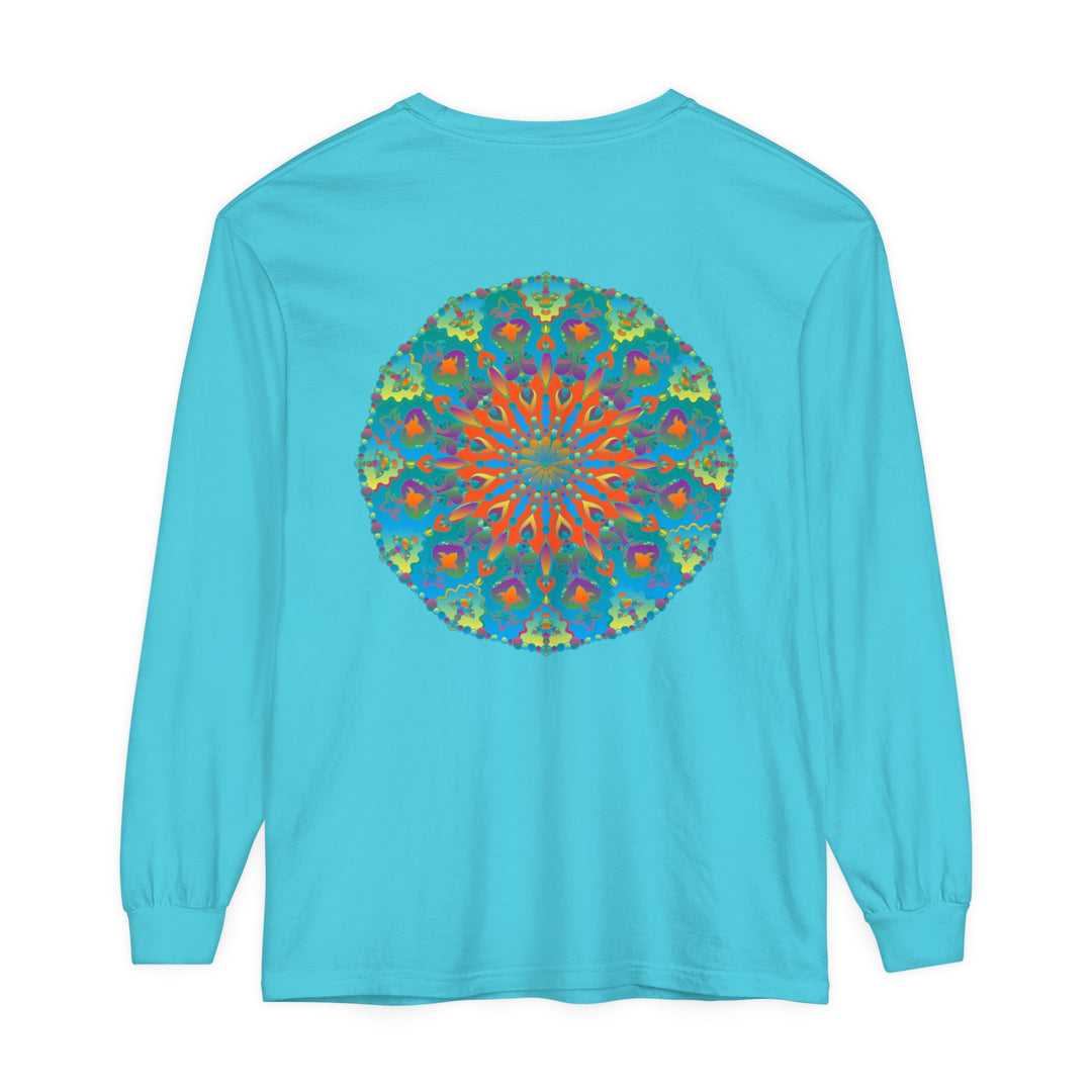 Colorful long sleeve t-shirt with intricate rainbow mandala design