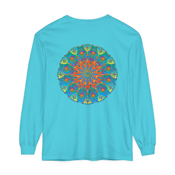 Colorful long sleeve t-shirt with intricate rainbow mandala design